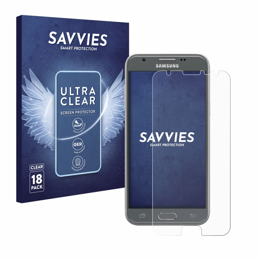 Vorderseite einer Produktverpackung mit dem Markenlogo Savvies. Daneben ist das Gerät Samsung Galaxy J3 2017 mit dem zugehörig