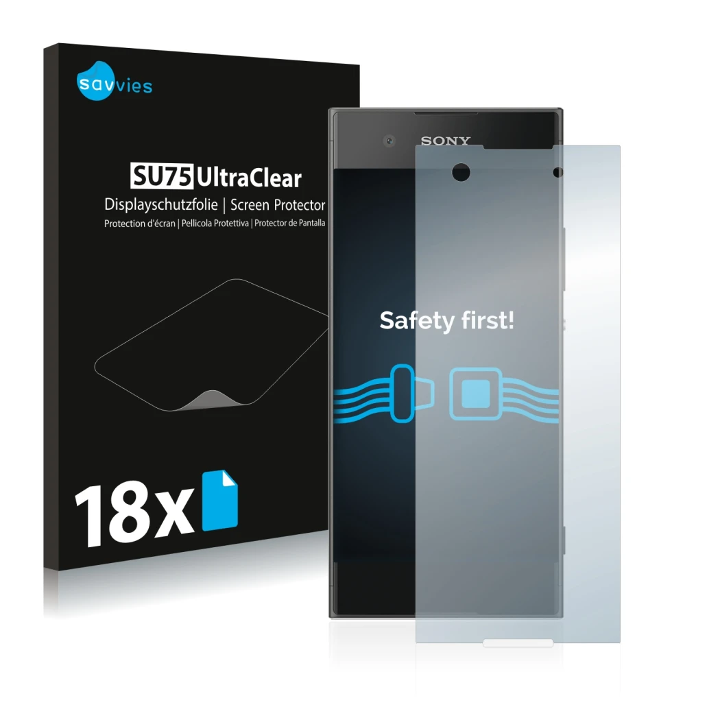 Vorderseite einer Produktverpackung mit dem Markenlogo Savvies. Daneben ist das Gerät Sony Xperia XA1 mit dem zugehörigen Disp