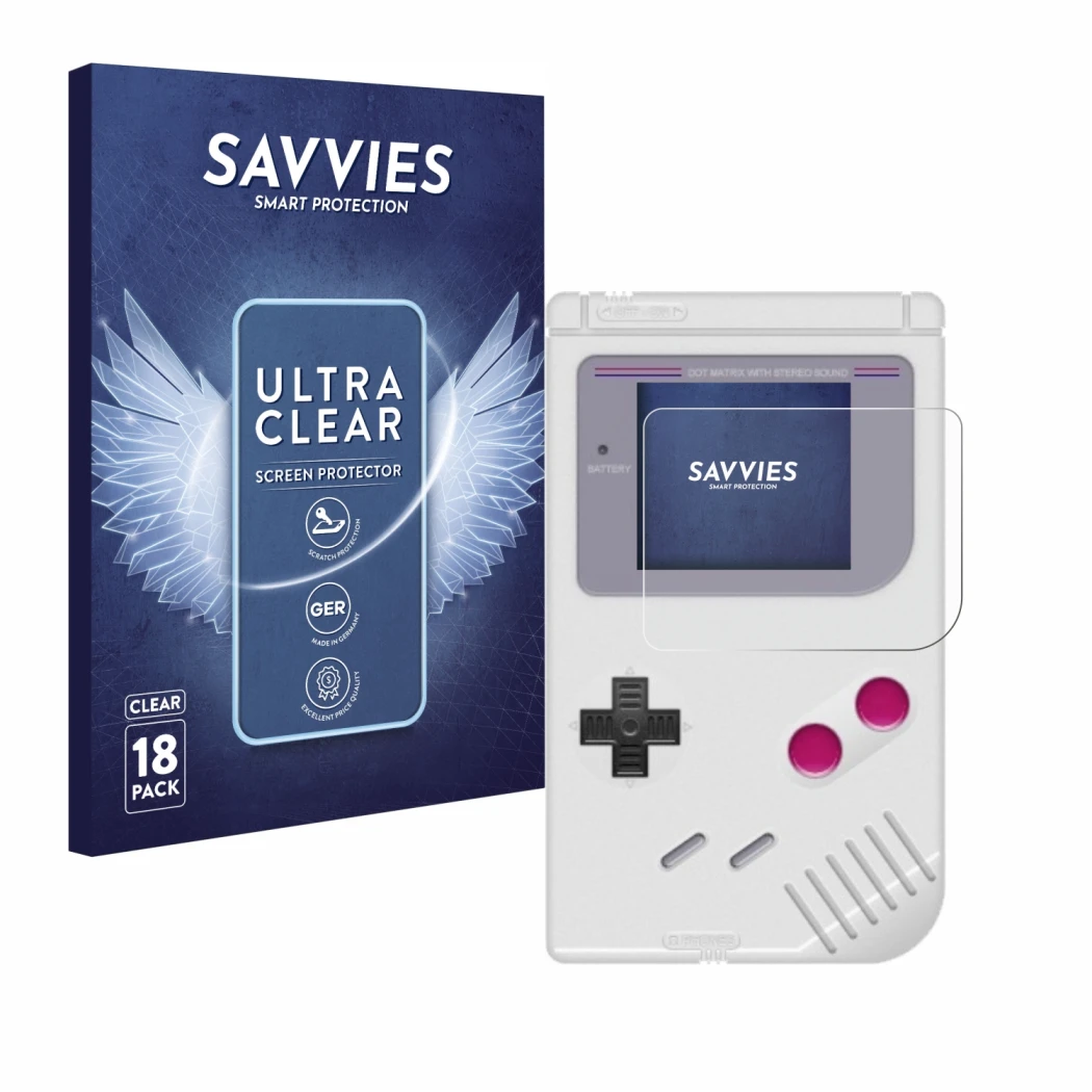 Vorderseite einer Produktverpackung mit dem Markenlogo Savvies. Daneben ist das Gerät Nintendo Gameboy (1989) mit dem zugehöri