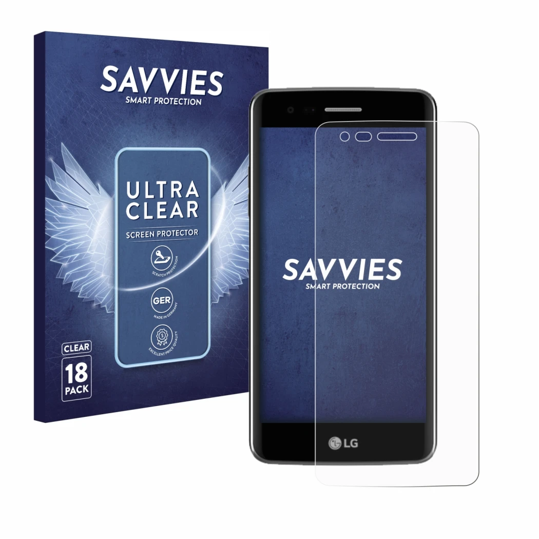 Vorderseite einer Produktverpackung mit dem Markenlogo Savvies. Daneben ist das Gerät LG K8 2017 mit dem zugehörigen Displaysc