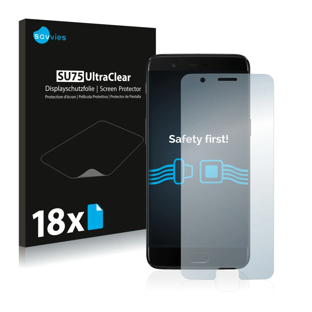 Vorderseite einer Produktverpackung mit dem Markenlogo Savvies. Daneben ist das Gerät OnePlus 5 mit dem zugehörigen Displaysch