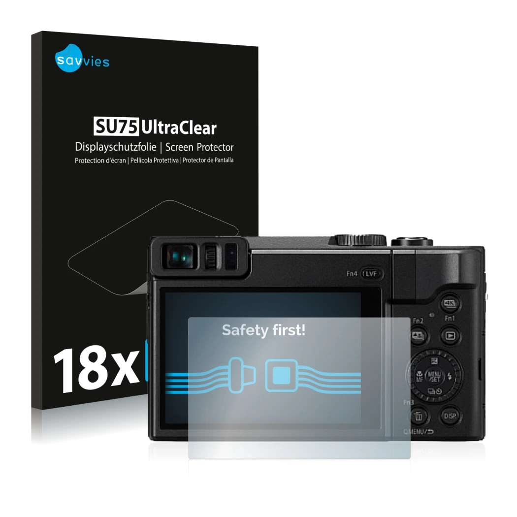 Vorderseite einer Produktverpackung mit dem Markenlogo Savvies. Daneben ist das Gerät Panasonic Lumix DC-TZ91 mit dem zugehöri