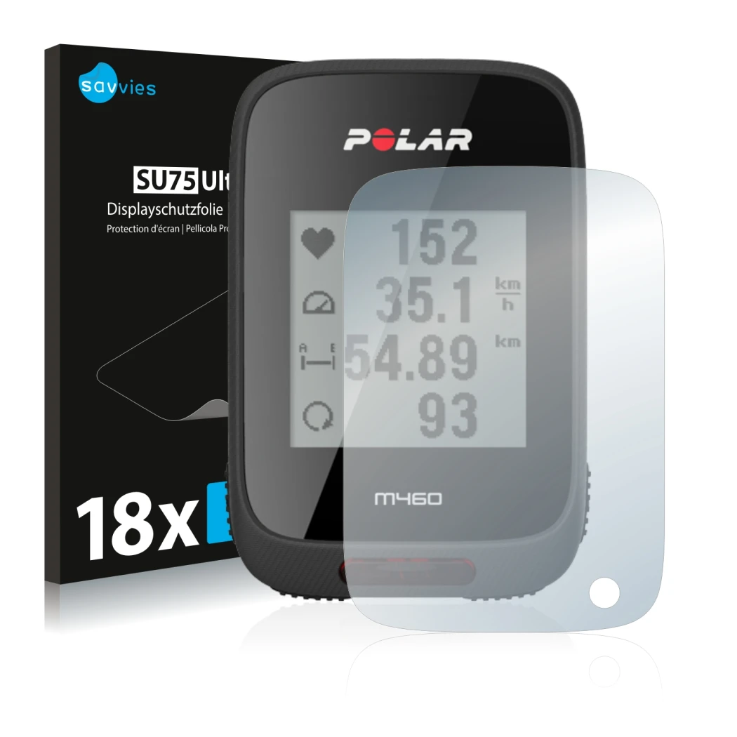 Vorderseite einer Produktverpackung mit dem Markenlogo Savvies. Daneben ist das Gerät Polar M460 mit dem zugehörigen Displaysc