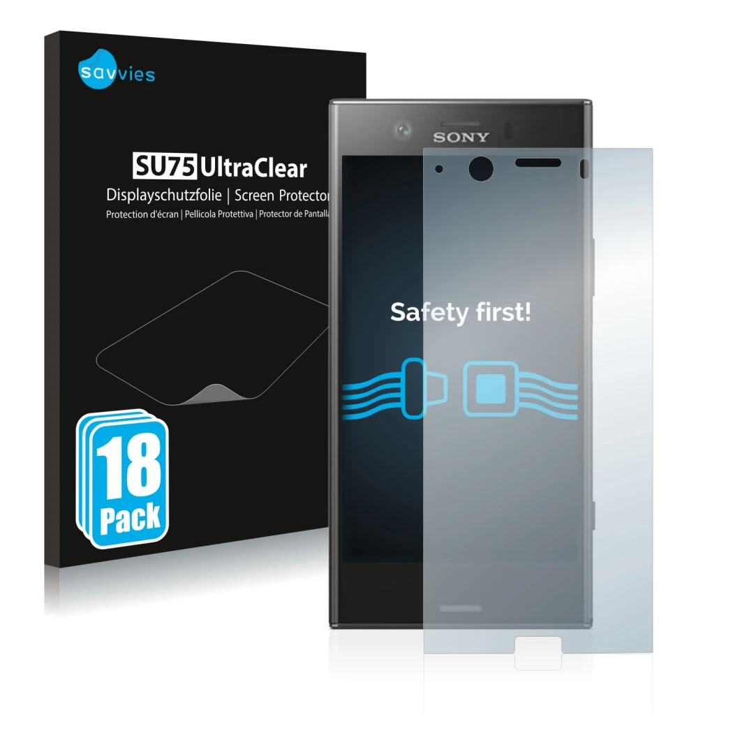 Vorderseite einer Produktverpackung mit dem Markenlogo Savvies. Daneben ist das Gerät Sony Xperia XZ1 Compact mit dem zugehöri