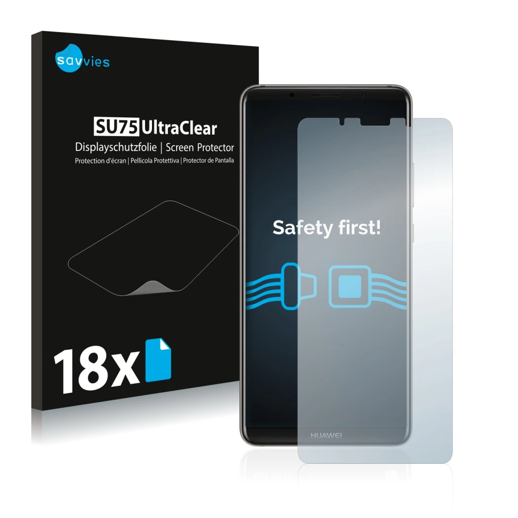 Vorderseite einer Produktverpackung mit dem Markenlogo Savvies. Daneben ist das Gerät Huawei Mate 10 Pro mit dem zugehörigen D