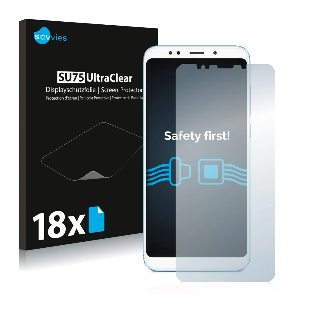 Vorderseite einer Produktverpackung mit dem Markenlogo Savvies. Daneben ist das Gerät Xiaomi Redmi 5 Plus mit dem zugehörigen 