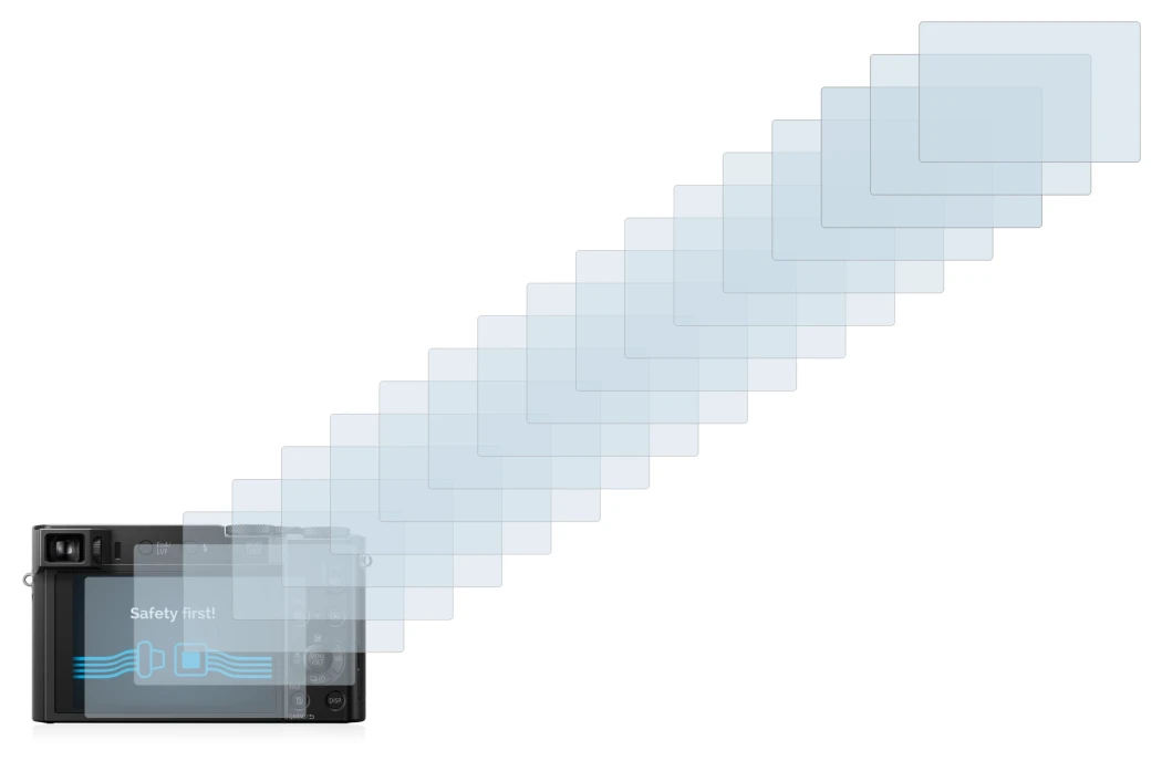 Abbildung des Geräts Panasonic Lumix DMC-TZ100 mit einer Vielzahl des Displayschutzes.