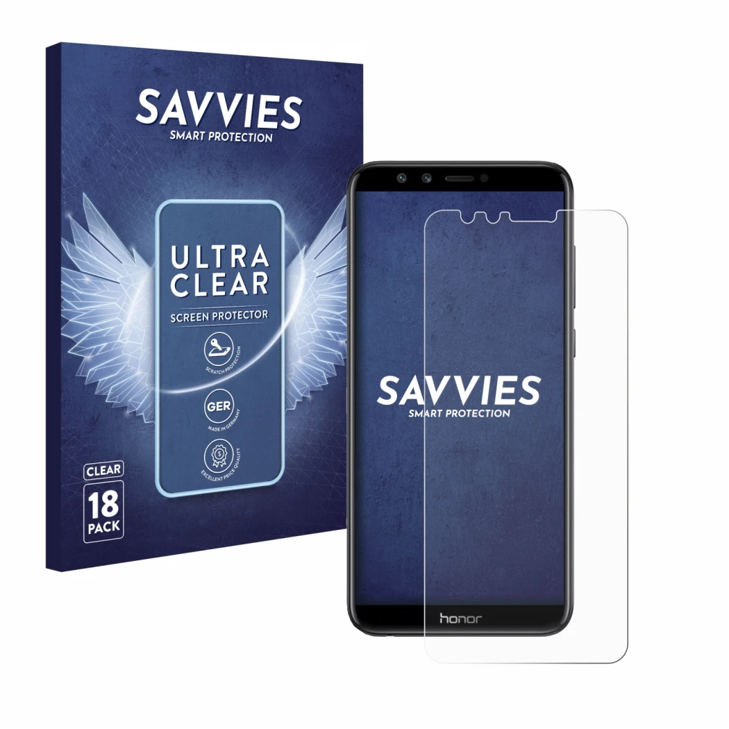 Vorderseite einer Produktverpackung mit dem Markenlogo Savvies. Daneben ist das Gerät Honor 9 Lite mit dem zugehörigen Display