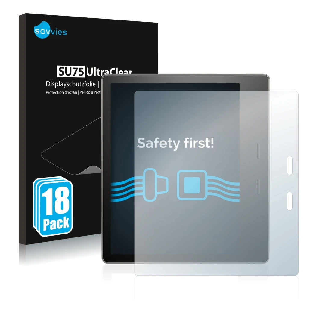 Vorderseite einer Produktverpackung mit dem Markenlogo Savvies. Daneben ist das Gerät Amazon Kindle Oasis 2017 (9. Gen.) mit d