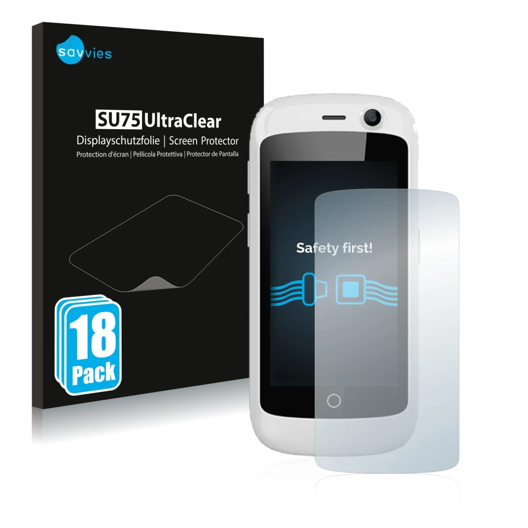 Vorderseite einer Produktverpackung mit dem Markenlogo Savvies. Daneben ist das Gerät Unihertz Jelly Pro mit dem zugehörigen D