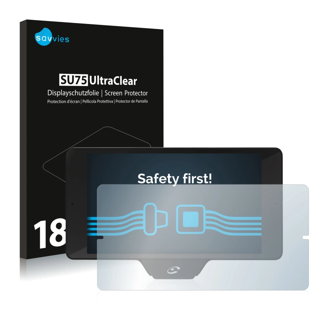 Vorderseite einer Produktverpackung mit dem Markenlogo Savvies. Daneben ist das Gerät Coyote Nav+ 2017 mit dem zugehörigen Dis