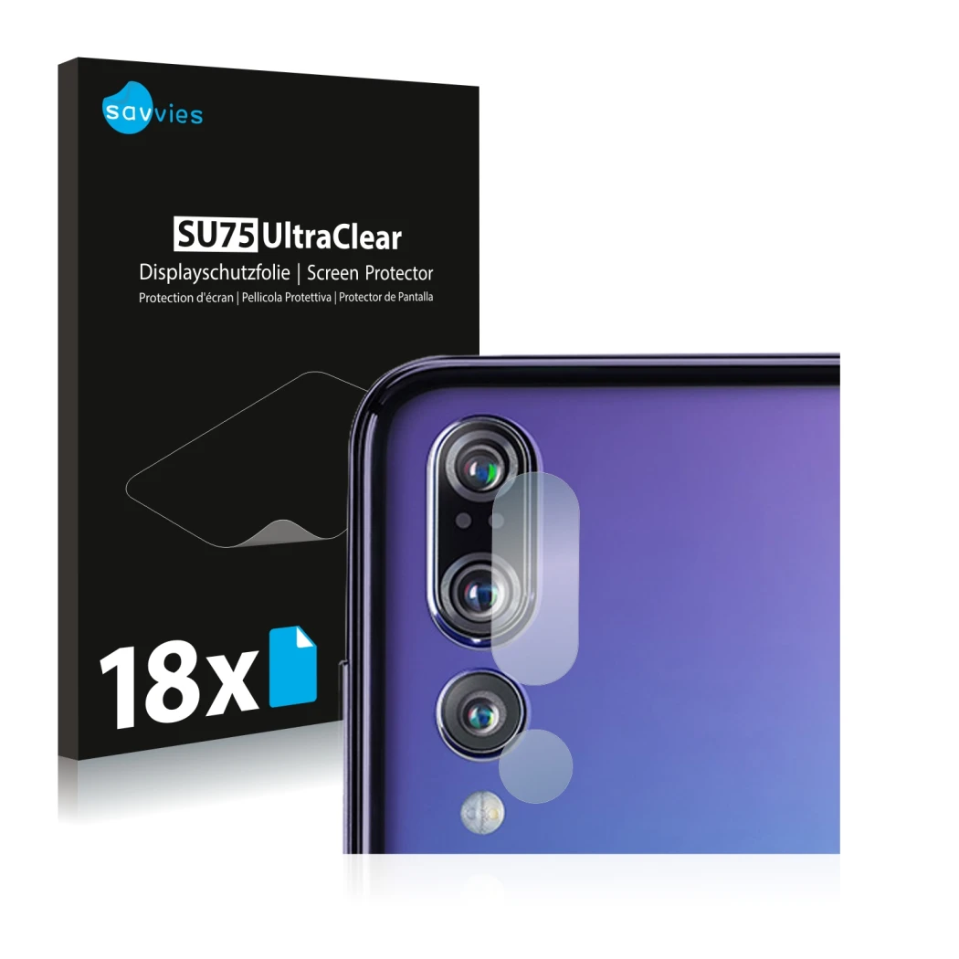 Vorderseite einer Produktverpackung mit dem Markenlogo Savvies. Daneben ist das Gerät Huawei P20 Pro (NUR Kameraschutz) mit de