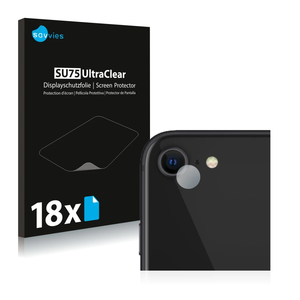 Vorderseite einer Produktverpackung mit dem Markenlogo Savvies. Daneben ist das Gerät Apple iPhone SE 2 2020 (NUR Kameraschutz