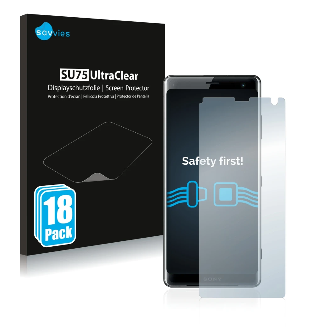 Vorderseite einer Produktverpackung mit dem Markenlogo Savvies. Daneben ist das Gerät Sony Xperia XZ3 mit dem zugehörigen Disp