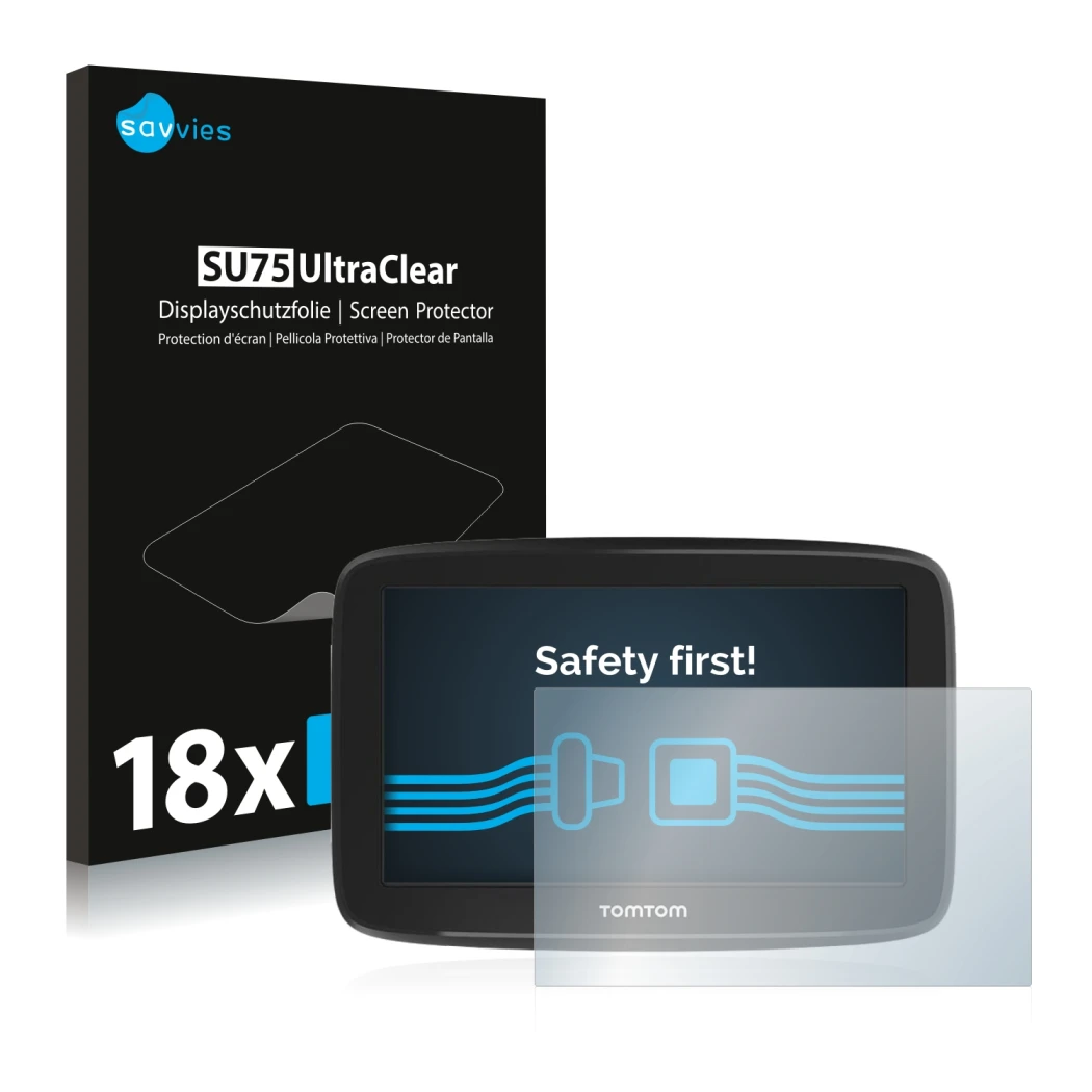 Vorderseite einer Produktverpackung mit dem Markenlogo Savvies. Daneben ist das Gerät TomTom GO Basic (6