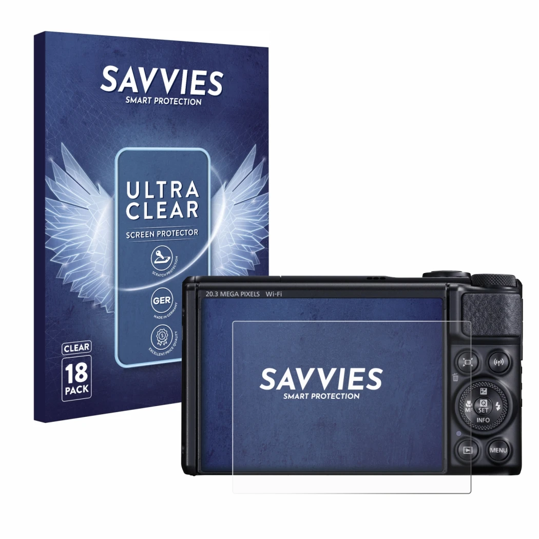 Vorderseite einer Produktverpackung mit dem Markenlogo Savvies. Daneben ist das Gerät Canon PowerShot SX740 HS mit dem zugehör