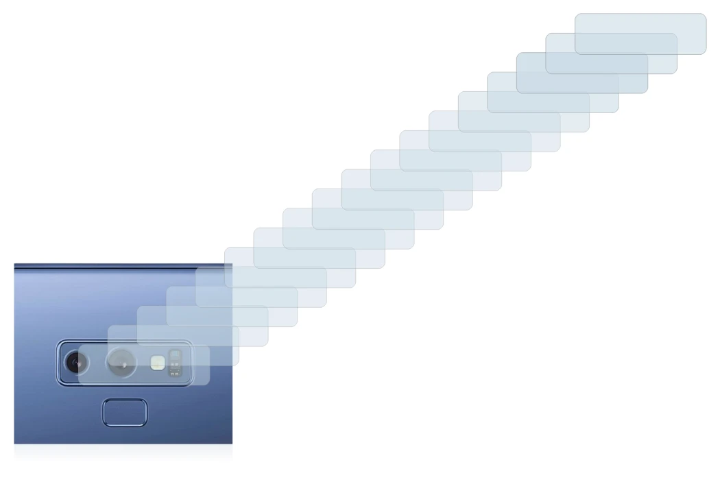 Abbildung des Geräts Samsung Galaxy Note 9 (NUR Kameraschutz) mit einer Vielzahl des Displayschutzes.