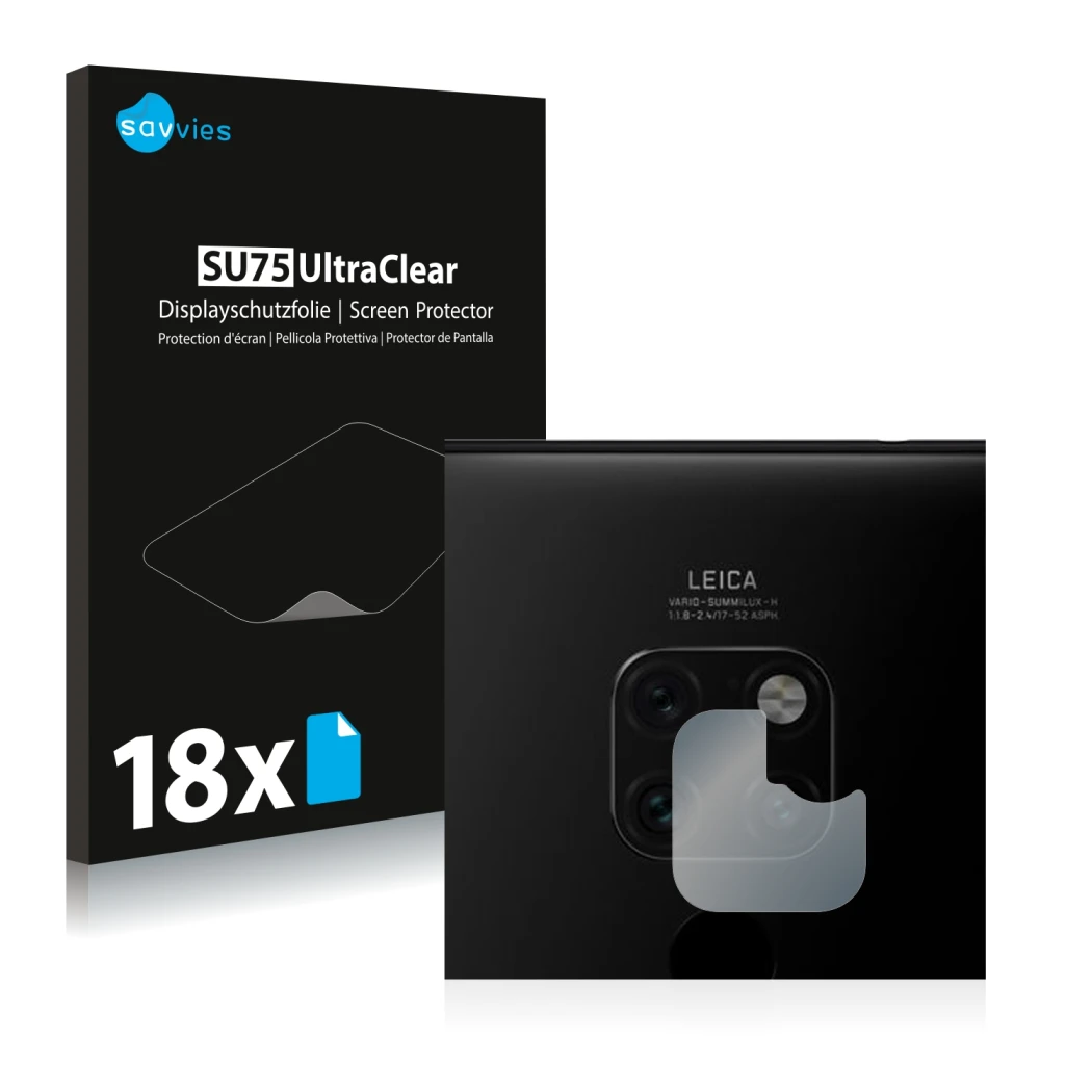 Vorderseite einer Produktverpackung mit dem Markenlogo Savvies. Daneben ist das Gerät Huawei Mate 20 (NUR Kameraschutz) mit de