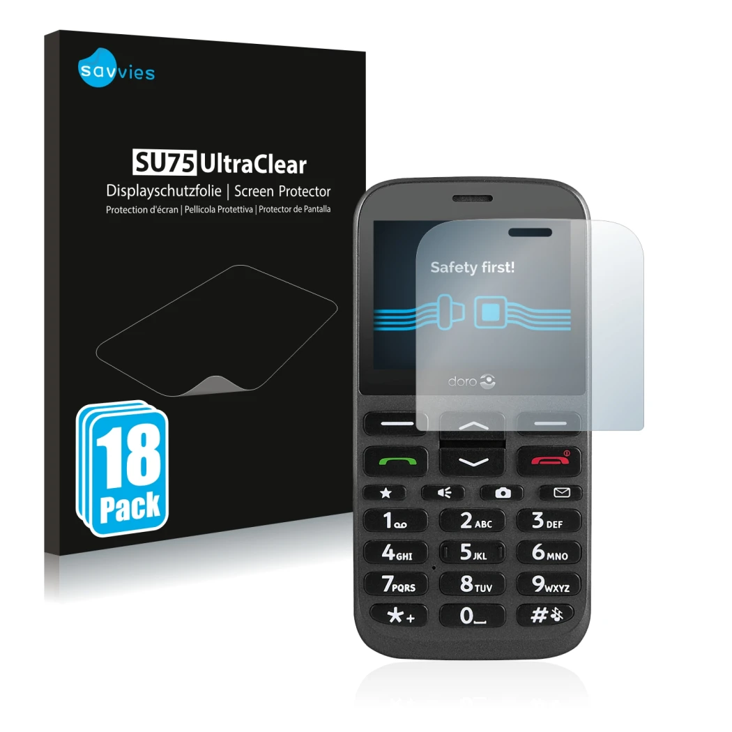 Vorderseite einer Produktverpackung mit dem Markenlogo Savvies. Daneben ist das Gerät Doro 1370 mit dem zugehörigen Displaysch