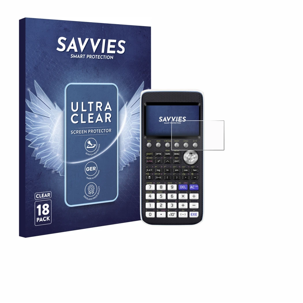 Vorderseite einer Produktverpackung mit dem Markenlogo Savvies. Daneben ist das Gerät Casio FX-CG50 mit dem zugehörigen Displa