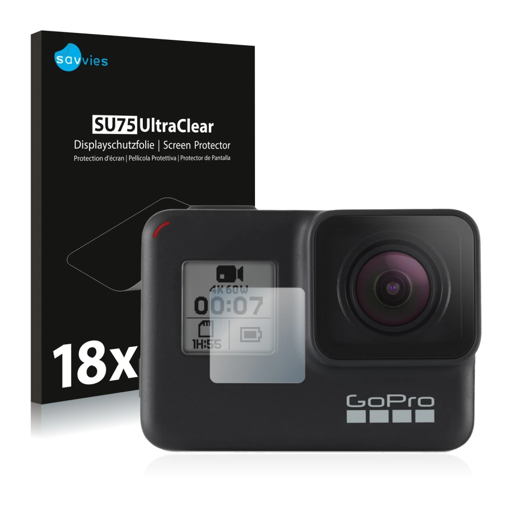 Vorderseite einer Produktverpackung mit dem Markenlogo Savvies. Daneben ist das Gerät GoPro Hero 7 Black (Vorderes Display) mi