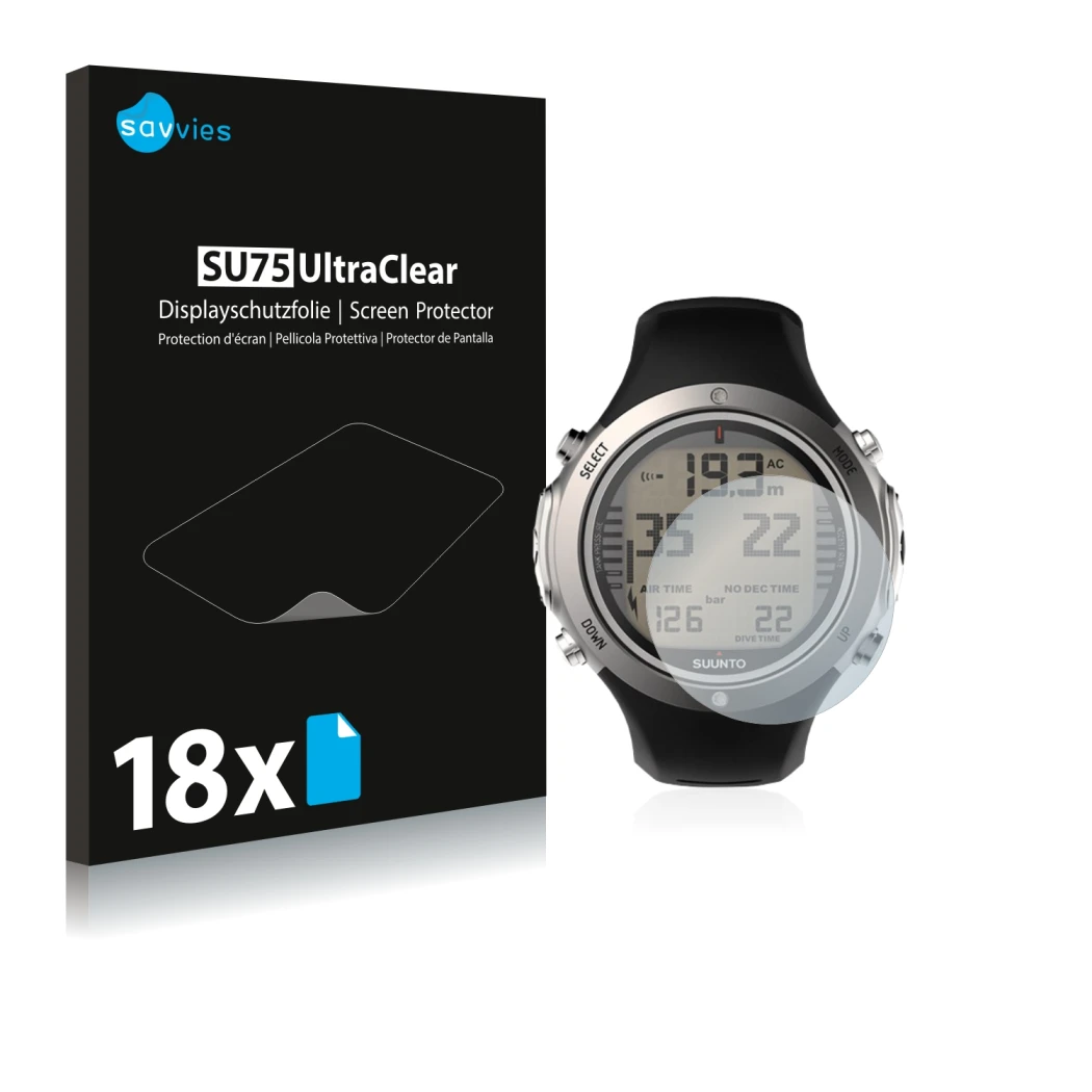 Vorderseite einer Produktverpackung mit dem Markenlogo Savvies. Daneben ist das Gerät Suunto D6I Novo mit dem zugehörigen Disp