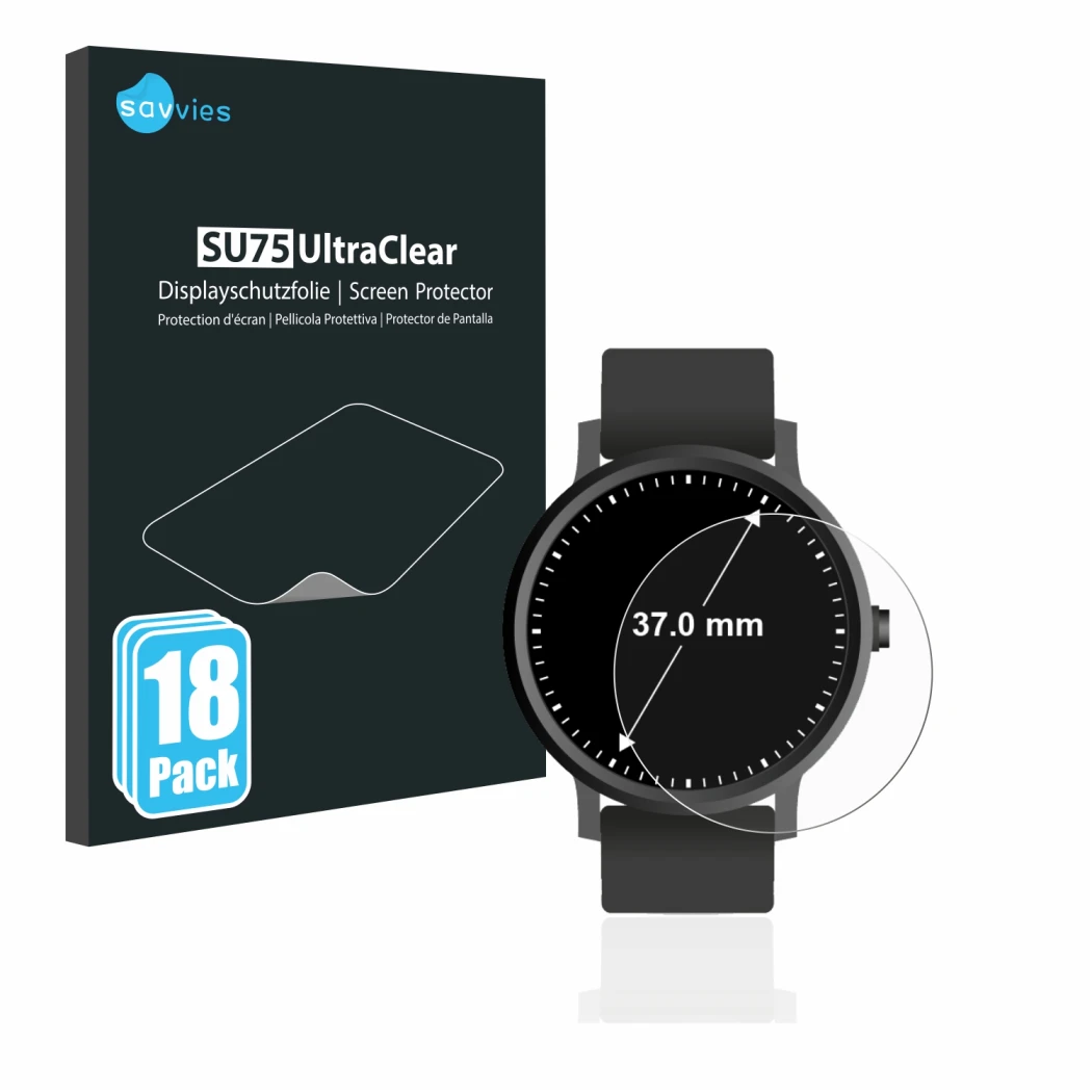 Vorderseite einer Produktverpackung mit dem Markenlogo Savvies. Daneben ist das Gerät Kreisrunde Displays (ø: 37 mm) mit dem z