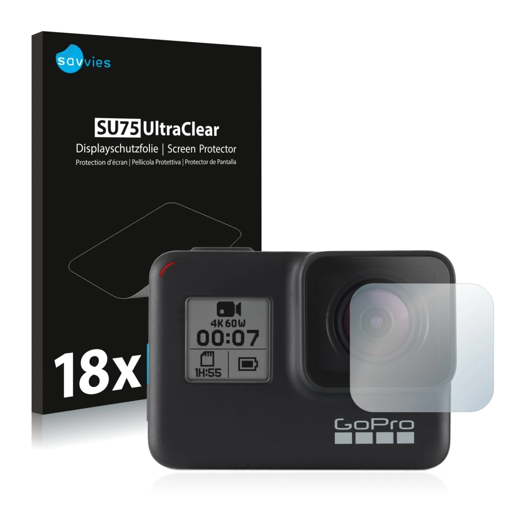 Vorderseite einer Produktverpackung mit dem Markenlogo Savvies. Daneben ist das Gerät GoPro Hero 7 Black (Linse) mit dem zugeh