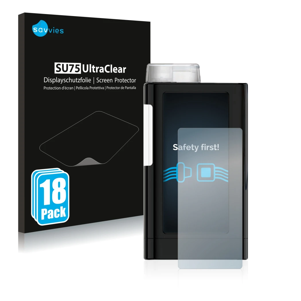 Vorderseite einer Produktverpackung mit dem Markenlogo Savvies. Daneben ist das Gerät Mylife YpsoPump mit dem zugehörigen Disp