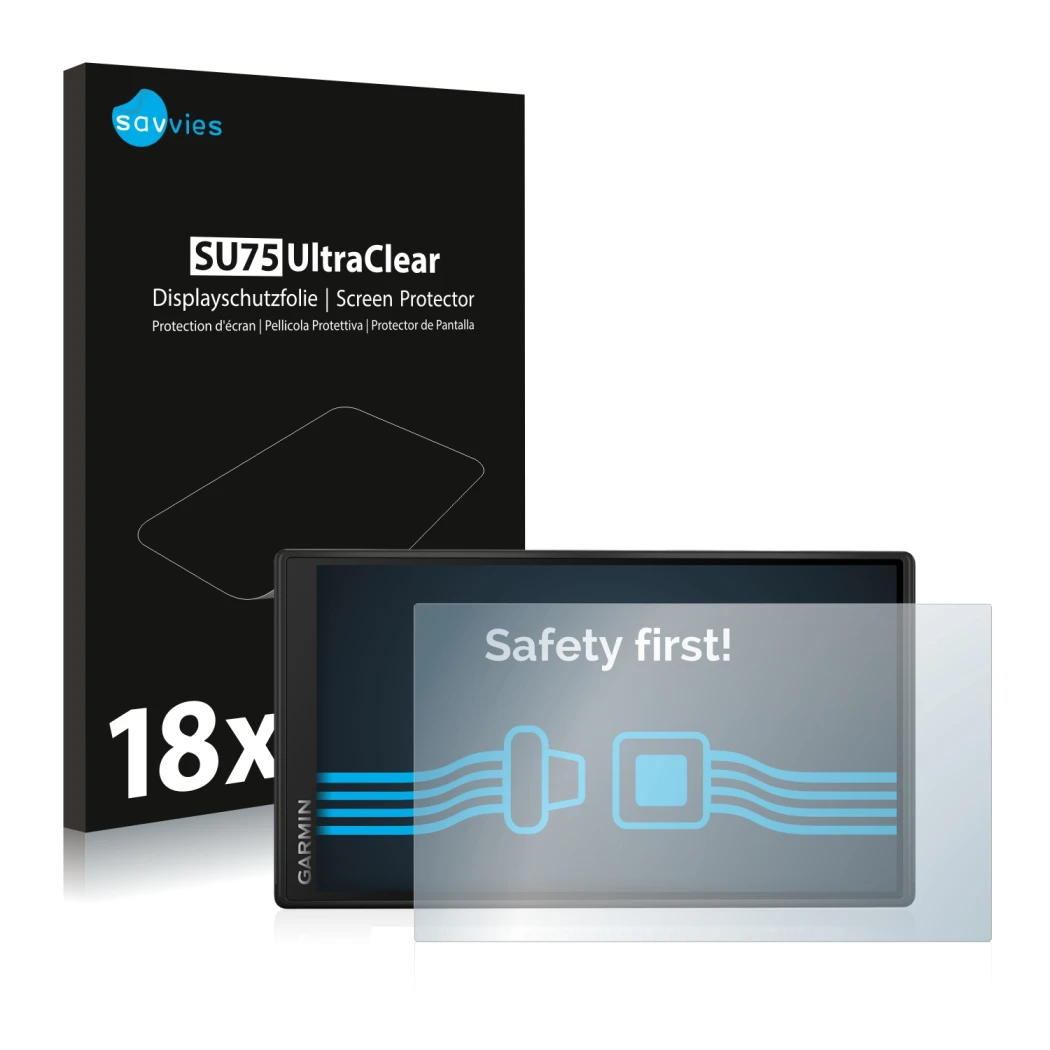 Vorderseite einer Produktverpackung mit dem Markenlogo Savvies. Daneben ist das Gerät Garmin DriveSmart 55 mit dem zugehörigen