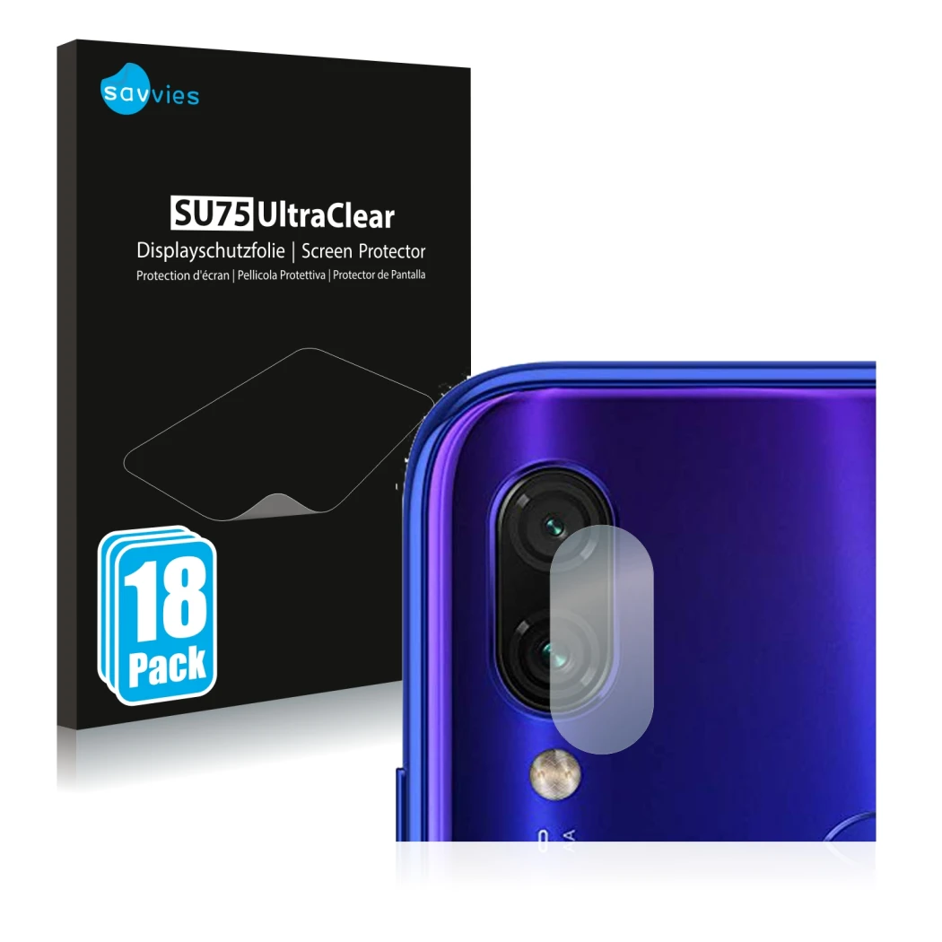 Vorderseite einer Produktverpackung mit dem Markenlogo Savvies. Daneben ist das Gerät Xiaomi Redmi Note 7 (NUR Kameraschutz) m