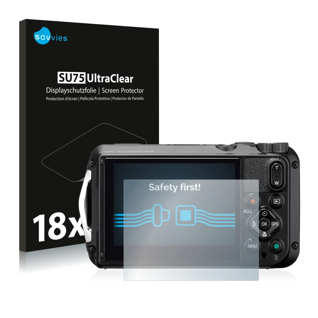 Vorderseite einer Produktverpackung mit dem Markenlogo Savvies. Daneben ist das Gerät Ricoh WG-6 mit dem zugehörigen Displaysc