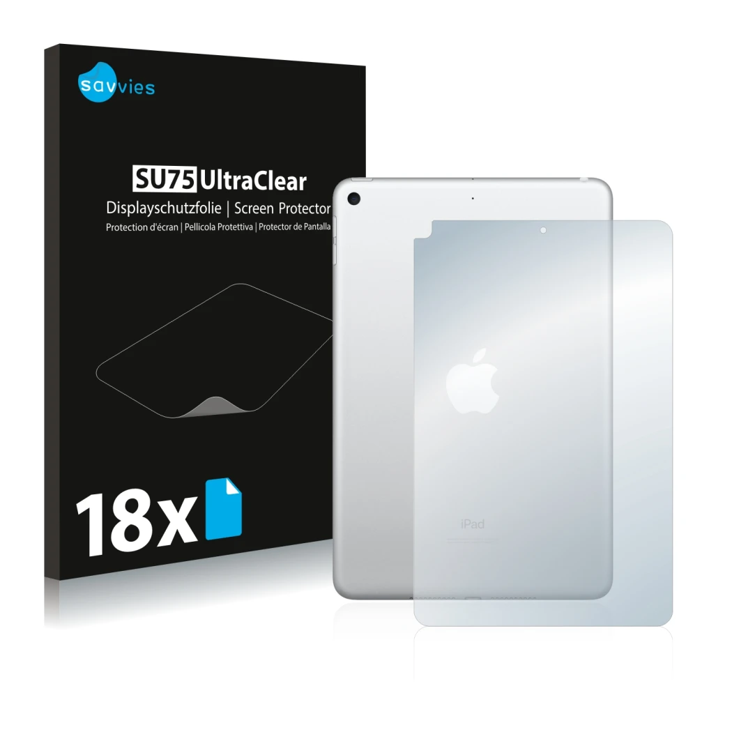 Vorderseite einer Produktverpackung mit dem Markenlogo Savvies. Daneben ist das Gerät Apple iPad Mini 5 2019 (Rückseite, 5. Ge