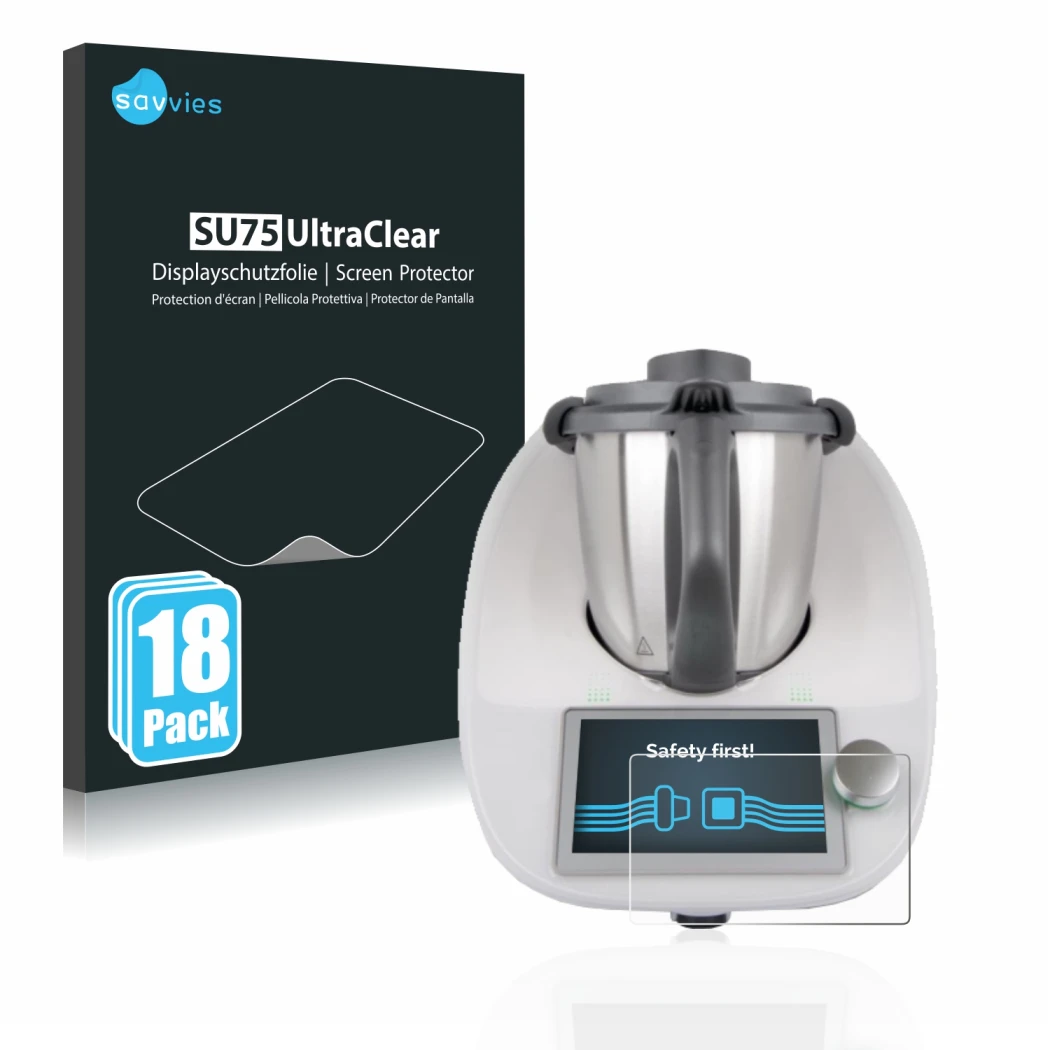 Vorderseite einer Produktverpackung mit dem Markenlogo Savvies. Daneben ist das Gerät Vorwerk Bimby TM6 mit dem zugehörigen Di