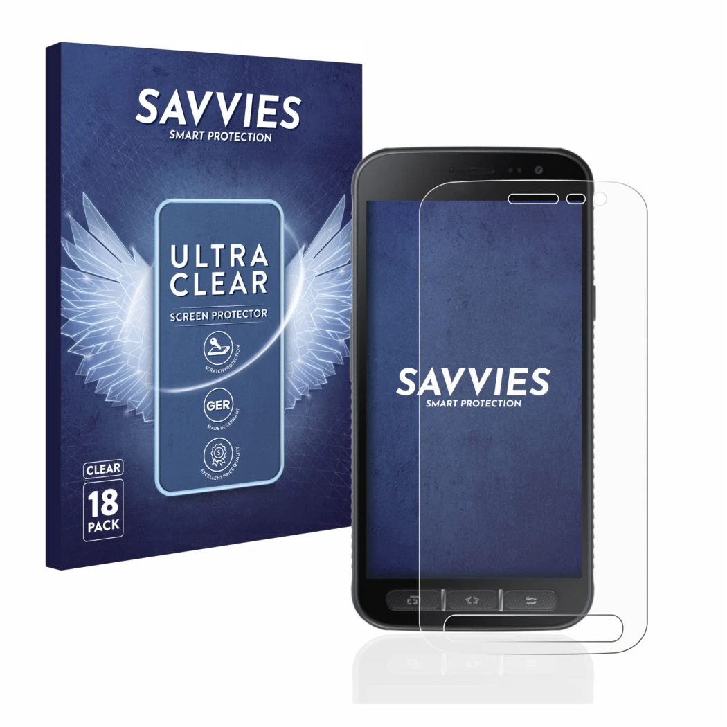 Vorderseite einer Produktverpackung mit dem Markenlogo Savvies. Daneben ist das Gerät Samsung Galaxy XCover 4s mit dem zugehör