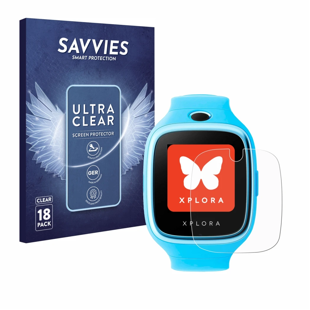 Vorderseite einer Produktverpackung mit dem Markenlogo Savvies. Daneben ist das Gerät Xplora Go mit dem zugehörigen Displaysch