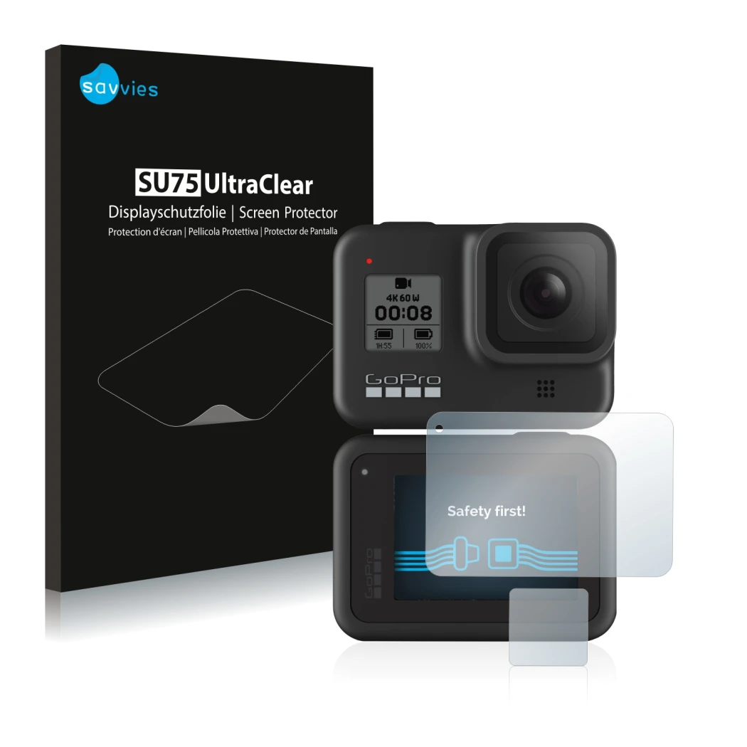 Vorderseite einer Produktverpackung mit dem Markenlogo Savvies. Daneben ist das Gerät GoPro Hero 8 Black mit dem zugehörigen D