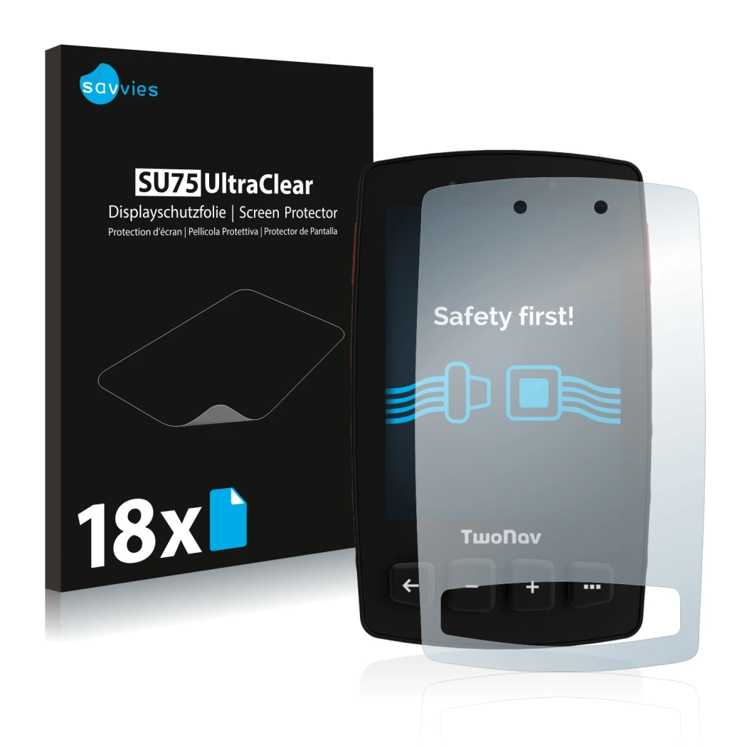 Vorderseite einer Produktverpackung mit dem Markenlogo Savvies. Daneben ist das Gerät TwoNav Trail 2 mit dem zugehörigen Displ