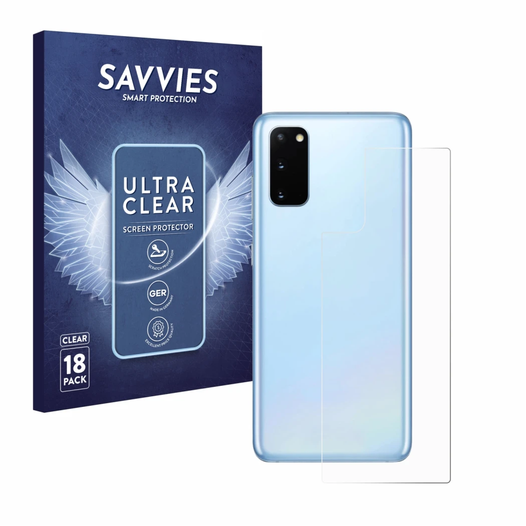 Vorderseite einer Produktverpackung mit dem Markenlogo Savvies. Daneben ist das Gerät Samsung Galaxy S20 (Rückseite) mit dem z