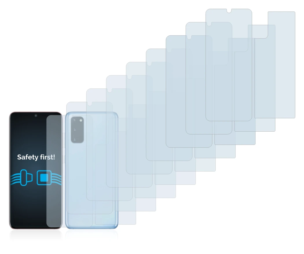 Abbildung des Geräts Samsung Galaxy S20 (Display+Rückseite) mit einer Vielzahl des Displayschutzes.