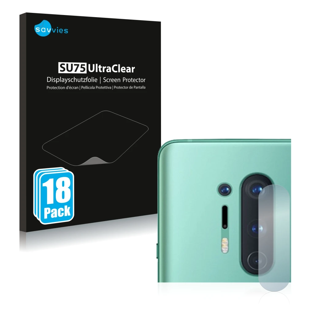 Vorderseite einer Produktverpackung mit dem Markenlogo Savvies. Daneben ist das Gerät OnePlus 8 Pro (NUR Kameraschutz) mit dem