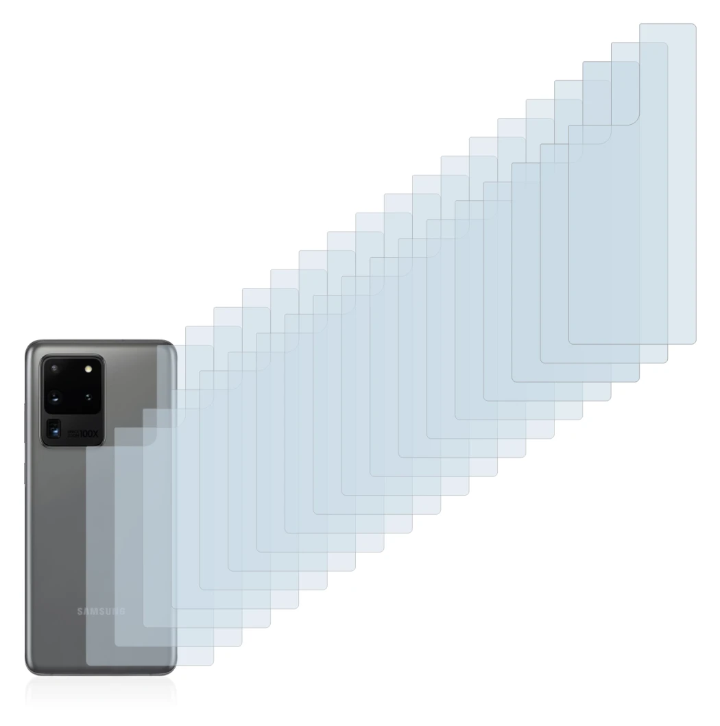 Abbildung des Geräts Samsung Galaxy S20 Ultra (Rückseite) mit einer Vielzahl des Displayschutzes.