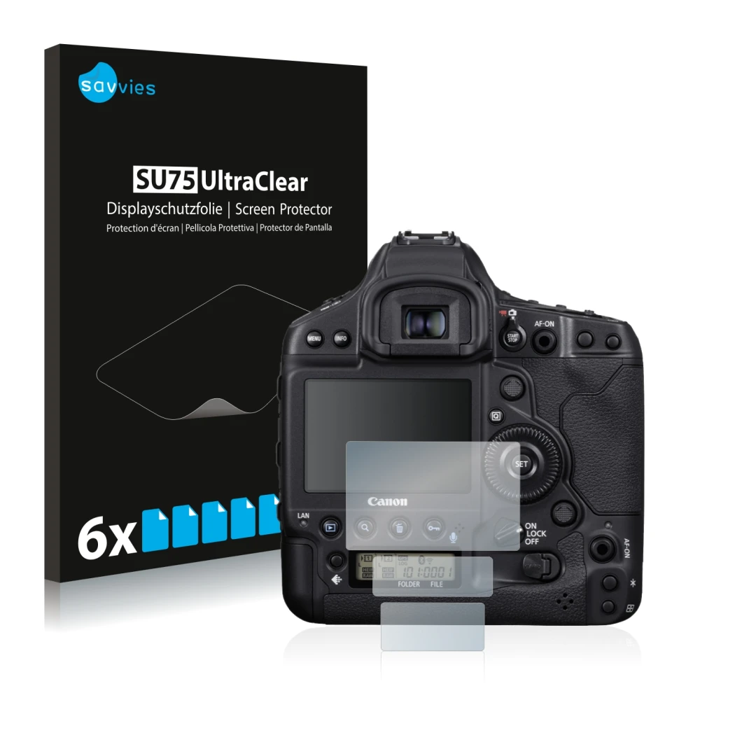 Vorderseite einer Produktverpackung mit dem Markenlogo Savvies. Daneben ist das Gerät Canon EOS 1D X Mark III mit dem zugehöri