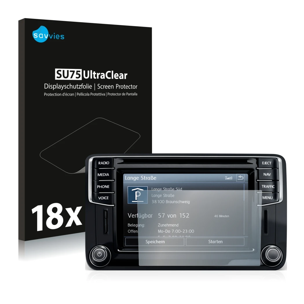 Vorderseite einer Produktverpackung mit dem Markenlogo Savvies. Daneben ist das Gerät Volkswagen Caddy 2015 Discover Media 6.5