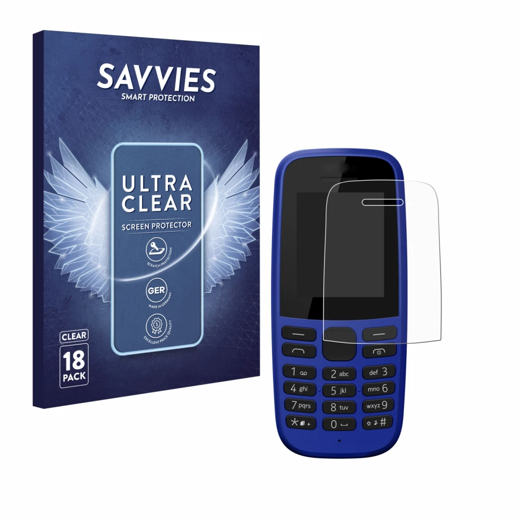 Vorderseite einer Produktverpackung mit dem Markenlogo Savvies. Daneben ist das Gerät Nokia 105 DS 2019 mit dem zugehörigen Di