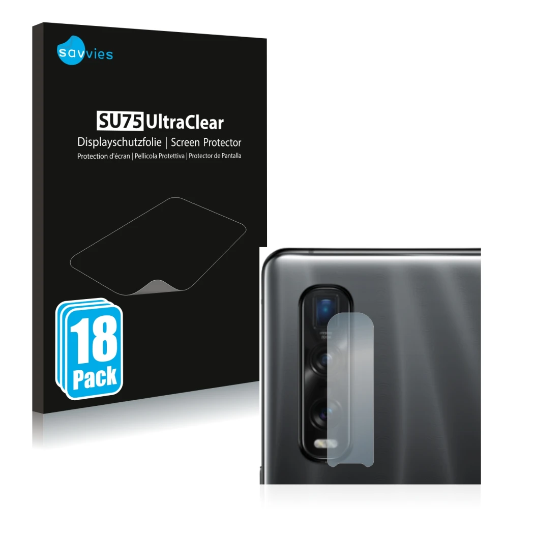 Vorderseite einer Produktverpackung mit dem Markenlogo Savvies. Daneben ist das Gerät Oppo Find X2 Pro (NUR Kameraschutz) mit 