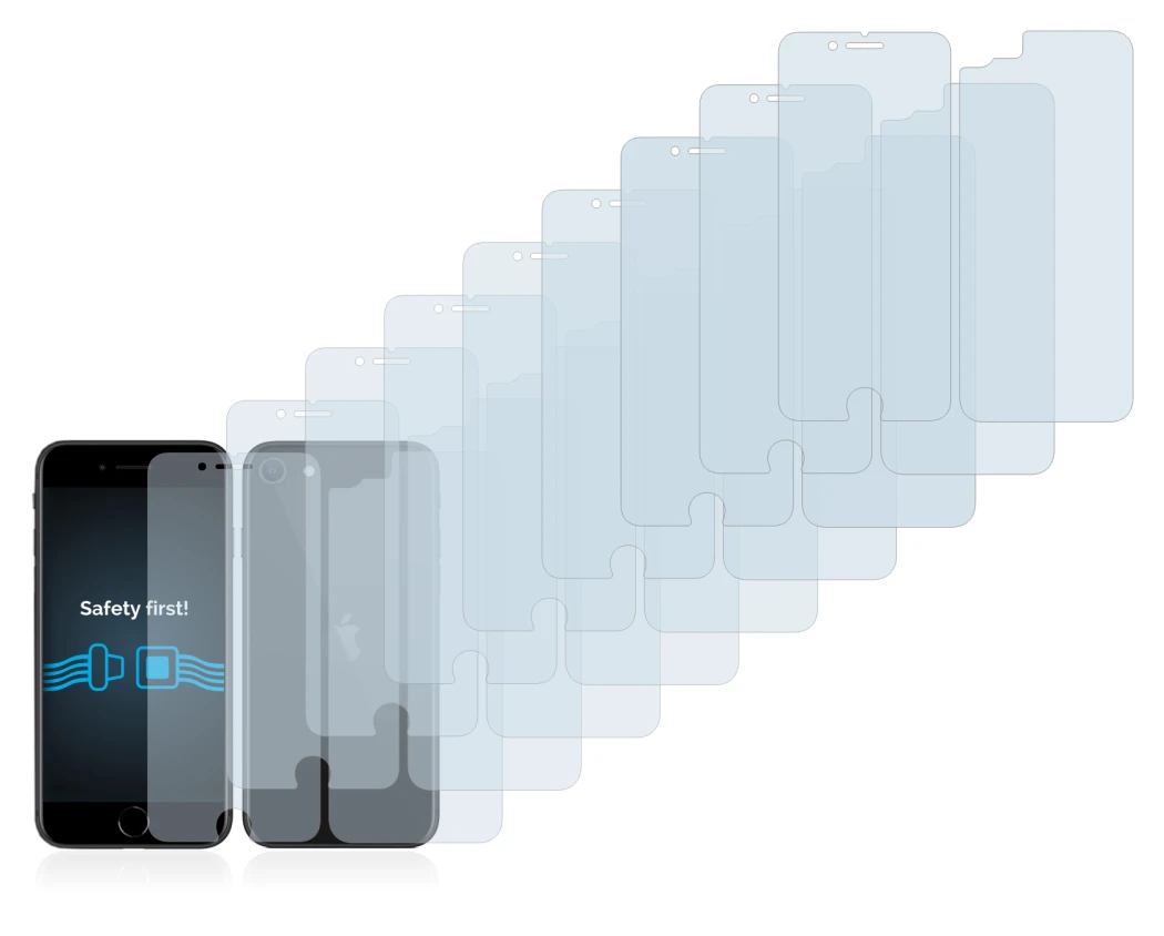 Abbildung des Geräts Apple iPhone SE 2 2020 (Display+Rückseite) mit einer Vielzahl des Displayschutzes.