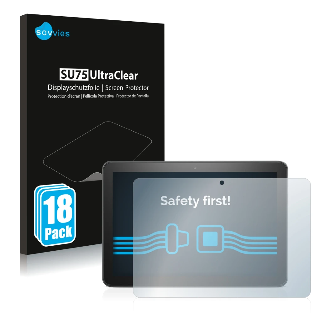 Vorderseite einer Produktverpackung mit dem Markenlogo Savvies. Daneben ist das Gerät Amazon Fire HD 8 Plus 2020 (10. Gen.) mi