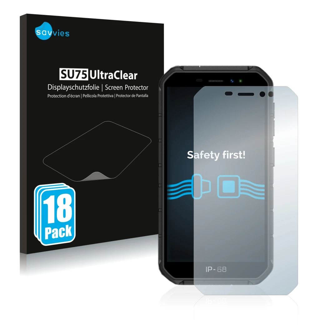 Vorderseite einer Produktverpackung mit dem Markenlogo Savvies. Daneben ist das Gerät Ulefone Armor X7 Pro mit dem zugehörigen