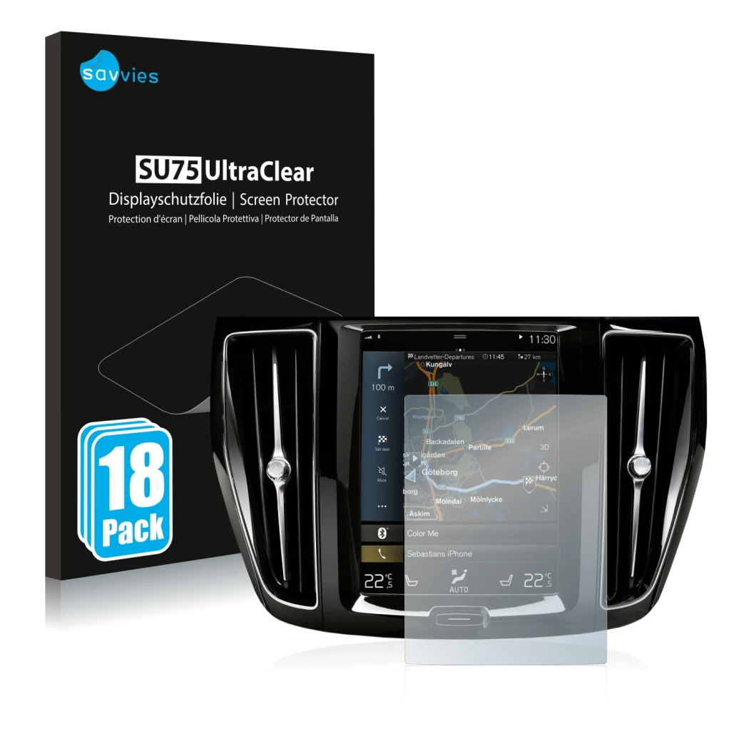 Vorderseite einer Produktverpackung mit dem Markenlogo Savvies. Daneben ist das Gerät Volvo S60 Sensus Connect 2020 mit dem zu